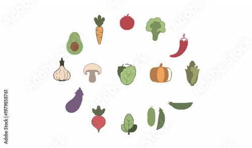 Organic vegetable and vegan food monoline icon set in circular layout for eco friendly healthy lifestyle design