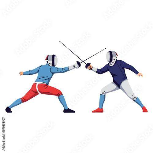 Two Fencers in Protective Gear Sparring with Swords