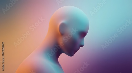 Minimalist 3D human head profile with smooth lighting. Mental health and psychological profile concept. faceless mannequin bust reflecting soft orange and teal neon gradients