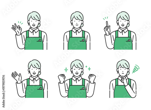 イラスト素材【介護イメージ】：様々なポーズをとる介護士の女性・シンプルタッチ