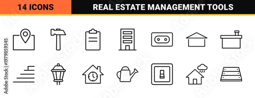 Minimalist real estate and property management thin line icons on white grid.