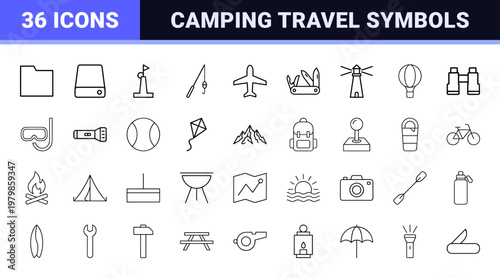 Minimalist outdoor recreation and camping line icons