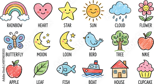 A colorful educational chart featuring various cartoon objects and their corresponding names for kids to learn. Ai, eps, jpg, transparent background, png