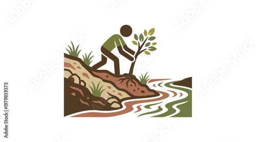 Person Planting a Tree Near a Riverbank Conservation Symbol