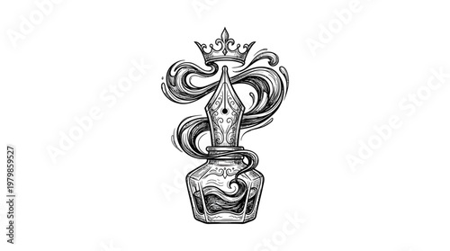Elegant Ink Bottle with Crown and Swirls