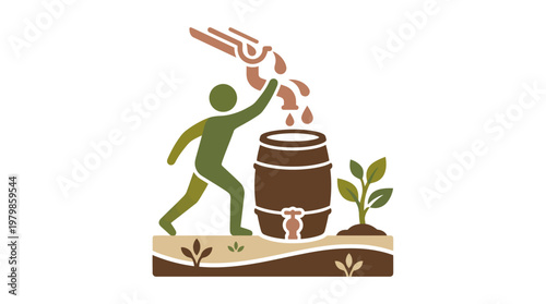 Sustainable Water Harvesting Icon with Person and Barrel