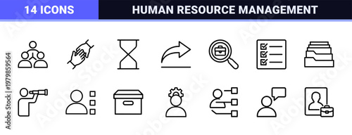 Human resources and recruitment minimalist line icon set for hiring and employment