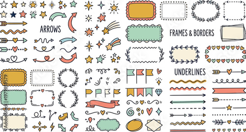 A colorful collection of hand-drawn arrows, frames, borders, underlines, and other decorative elements for design and illustration. Ai, eps, jpg, transparent background, png