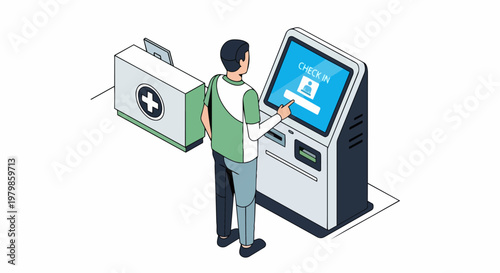Isometric Vector Illustration of a Patient Using a Digital Self-Service Check-In Kiosk at a Hospital or Clinic Reception Desk