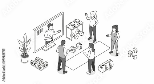 Isometric Online Fitness Class with Virtual Trainer and People Exercising at Home Illustration