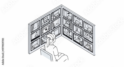 Isometric Illustration of Nurse Monitoring Multiple Patient Rooms via Surveillance Video Wall