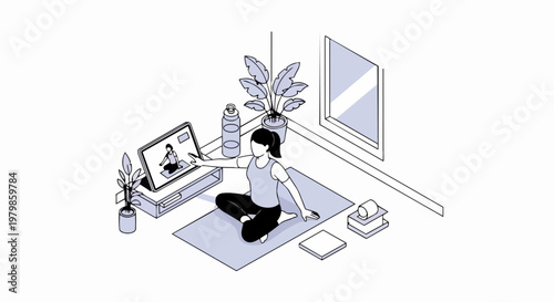 Isometric Line Art Illustration of a Woman Practicing Yoga at Home with Online Video Tutorial on Tablet