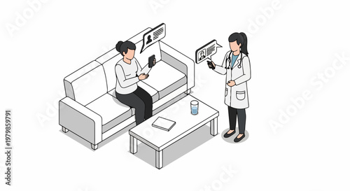 Telemedicine Concept Illustration: Doctor and Patient Online Medical Consultation via Smartphone App. Isometric Vector Design for Digital Healthcare and Remote Health Advice