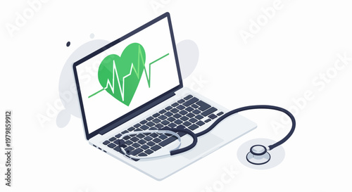Isometric Telemedicine Concept with Laptop, Stethoscope, and Heartbeat on Screen - Digital Healthcare and Online Medical Consultation Illustration