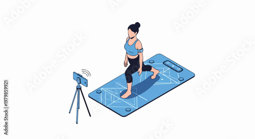 Isometric Illustration of Woman Doing Online Fitness Workout on Smartphone Mat with Video Recording Concept
