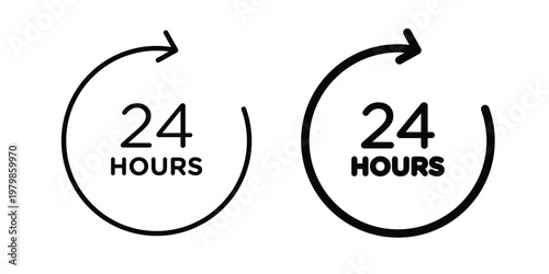 24 hours icon. Flat and outline icons. Black icons