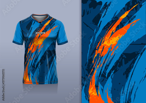 T-shirt mockup abstract texture grunge sport jersey design for football, soccer, racing, esports, running, blue orange color