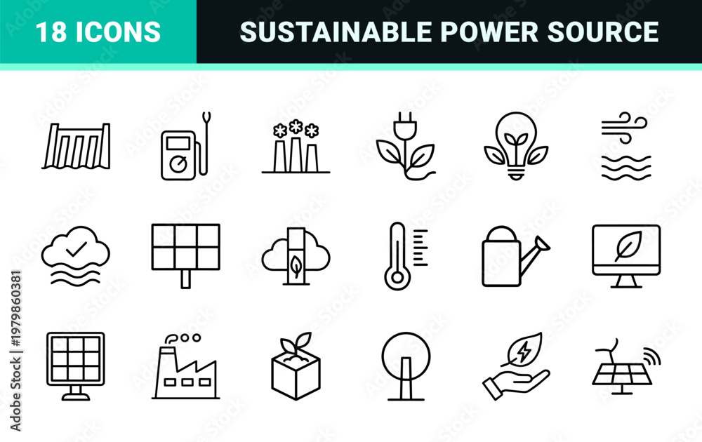 Fototapeta premium Green energy and eco technology outline icon set