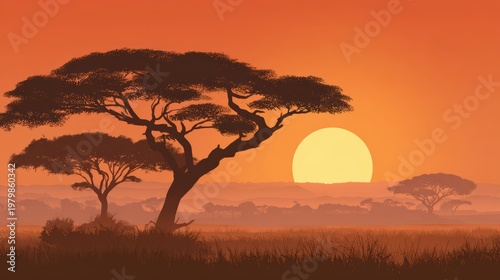 Beautiful African Sunset over Silhouetted Trees in Orange Sky