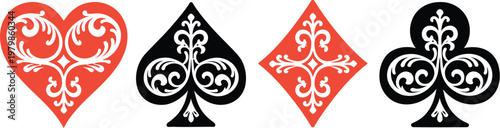 elegant playing card suit icons set with floral ornament heart spade diamond club symbols in red and black casino game graphics