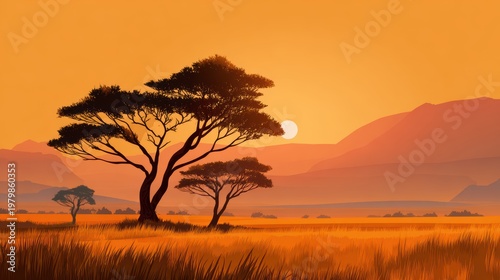 Serene Sunset Over Golden Savanna with Silhouetted Acacia Trees