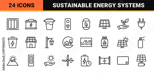 Ecology and renewable energy thin line icons set