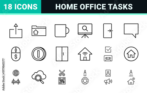 Minimalist remote working line icon set for home office and telecommuting