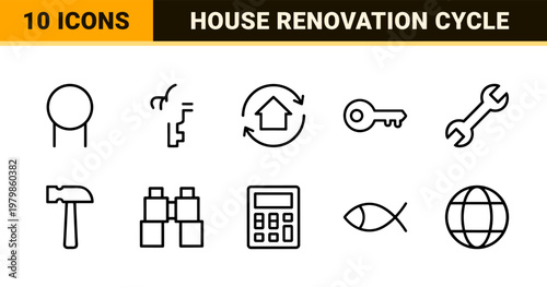 Minimalist home renewal and property renovation outline icons