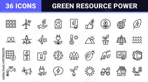 Sustainable energy and green resource outline icon set