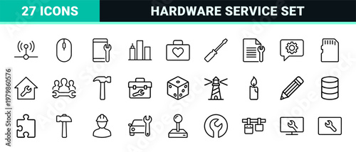 Technical repair and maintenance outline icons for hardware and industry service