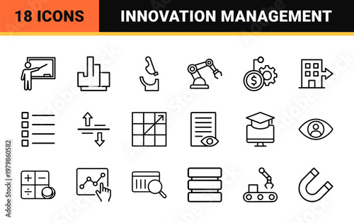 Business R&D and product development management line icons