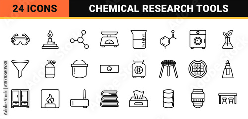 Scientific research laboratory line icons for biotechnology and chemistry experiments.