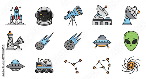 Space exploration and extraterrestrial life icons set.