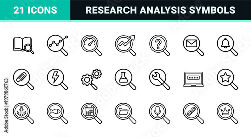 Black and white search icons and data research symbols