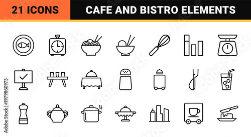 Minimalist restaurant and cafe line icons for dining and catering