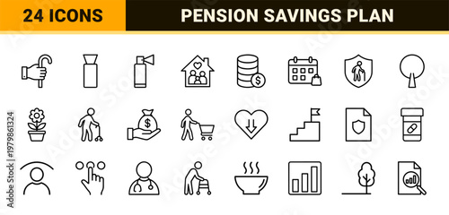 Senior life and retirement planning minimalist line icons in a grid.