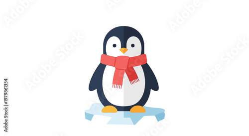 Cute Cartoon Penguin Wearing Red Scarf Standing on Ice.