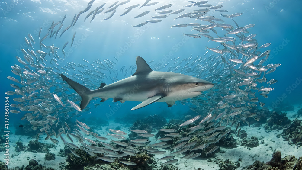 Obraz premium Diverse Marine Life: Shark Surrounded by School of Fish in Ocean Depths