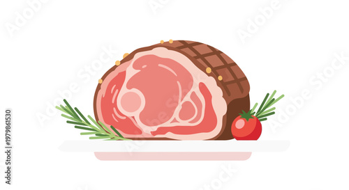 Delicious Roasted Lamb Leg with Rosemary and Tomato on a White Plate.