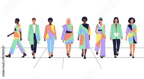 Diverse Models Showcase Colorful Fashion on Runway.