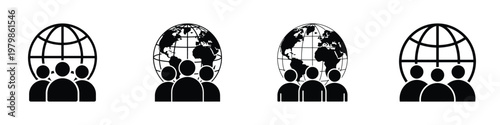 Global Community Icon Set – People and Globe Symbol, World Connection, International Teamwork, Global Network, Diversity and Unity Concept, Black Silhouette Pictogram on White Background
