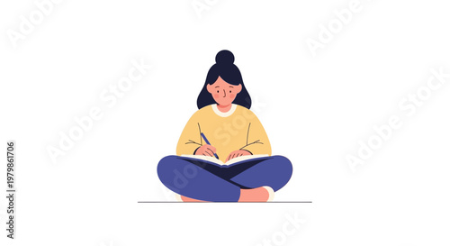 Woman sitting crosslegged writing notebook.