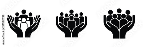 Hands Holding People Icon Set – Community Care, Family Support, Social Protection, Charity and Teamwork Concept, Helping Hands Symbol, Humanitarian Aid, Kindness and Compassion Vector Illustration