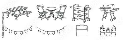 outdoor patio set with picnic table grill and decorations vector illustration representing backyard leisure barbecue and garden furniture scene design