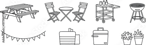 outdoor patio set vector illustration featuring picnic table barbecue grill and decorative elements for garden relaxation and summer outdoor living concept
