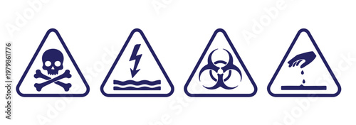 hazard warning signs icon set, vector triangle safety symbols including biohazard flammable high voltage corrosive and danger isolated on transparent background
