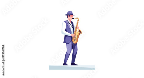 Stylish Saxophonist In Blue Suit And Hat Delivers Jazz Performance.