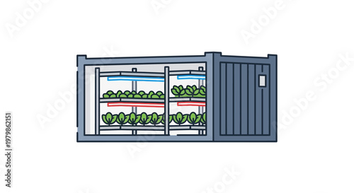 Container greenhouse with plants inside.