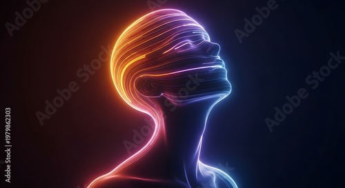Profile of a head formed by flowing light lines. Neuroscience and cognitive brain function concept. Person looking upward with glowing data paths