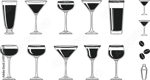 Cocktail glass collection vector set. Minimal black silhouette drinkware. Elegant bar glasses for menu design, beverage branding, and nightlife illustration concepts.